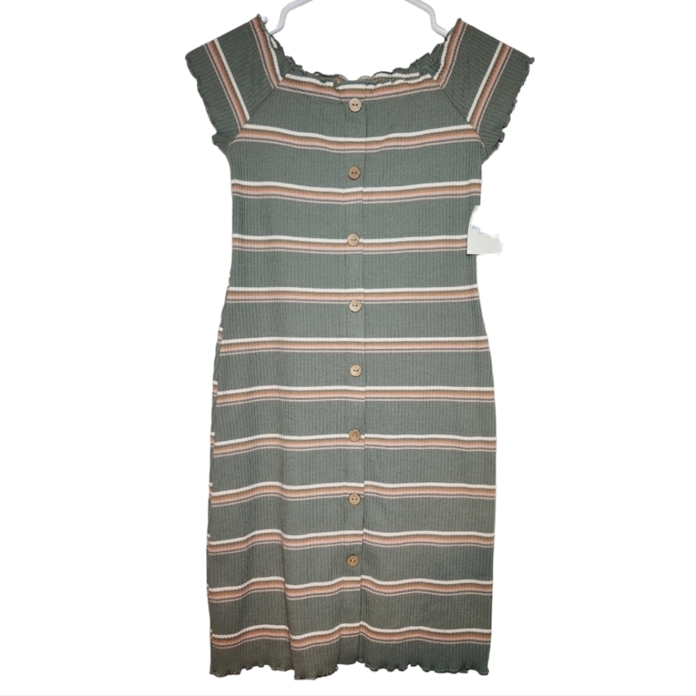 Arizona Jean Co. Sage Striped Button Down Ribbed Mini Dress Size XS Juniors